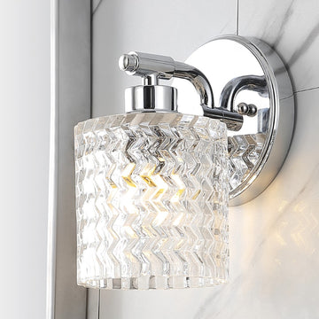 Spaulding Vintage Iron/Chevron Pattern Glass Farmhouse Cottage LED Vanity Light - JONATHAN Y